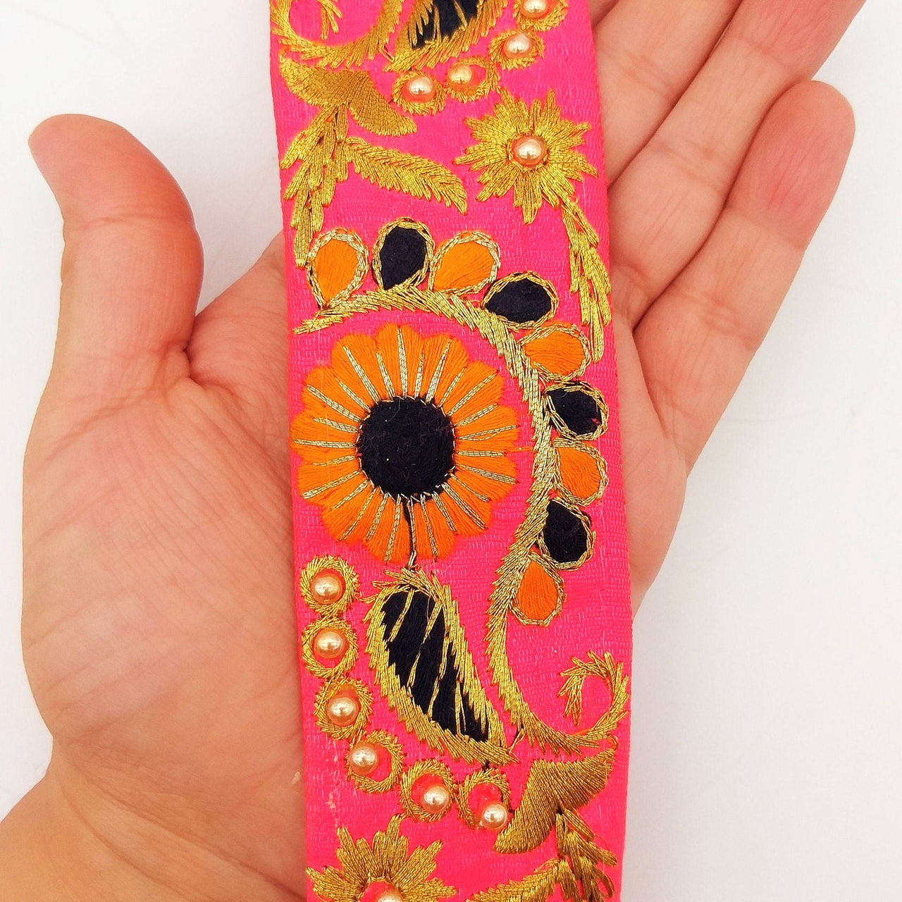 Pink Art Silk Lace Trim, Floral Embroidery in Orange, Black and Gold