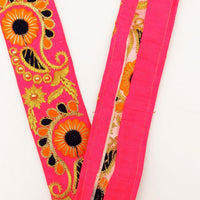Thumbnail for Pink Art Silk Lace Trim, Floral Embroidery in Orange, Black and Gold