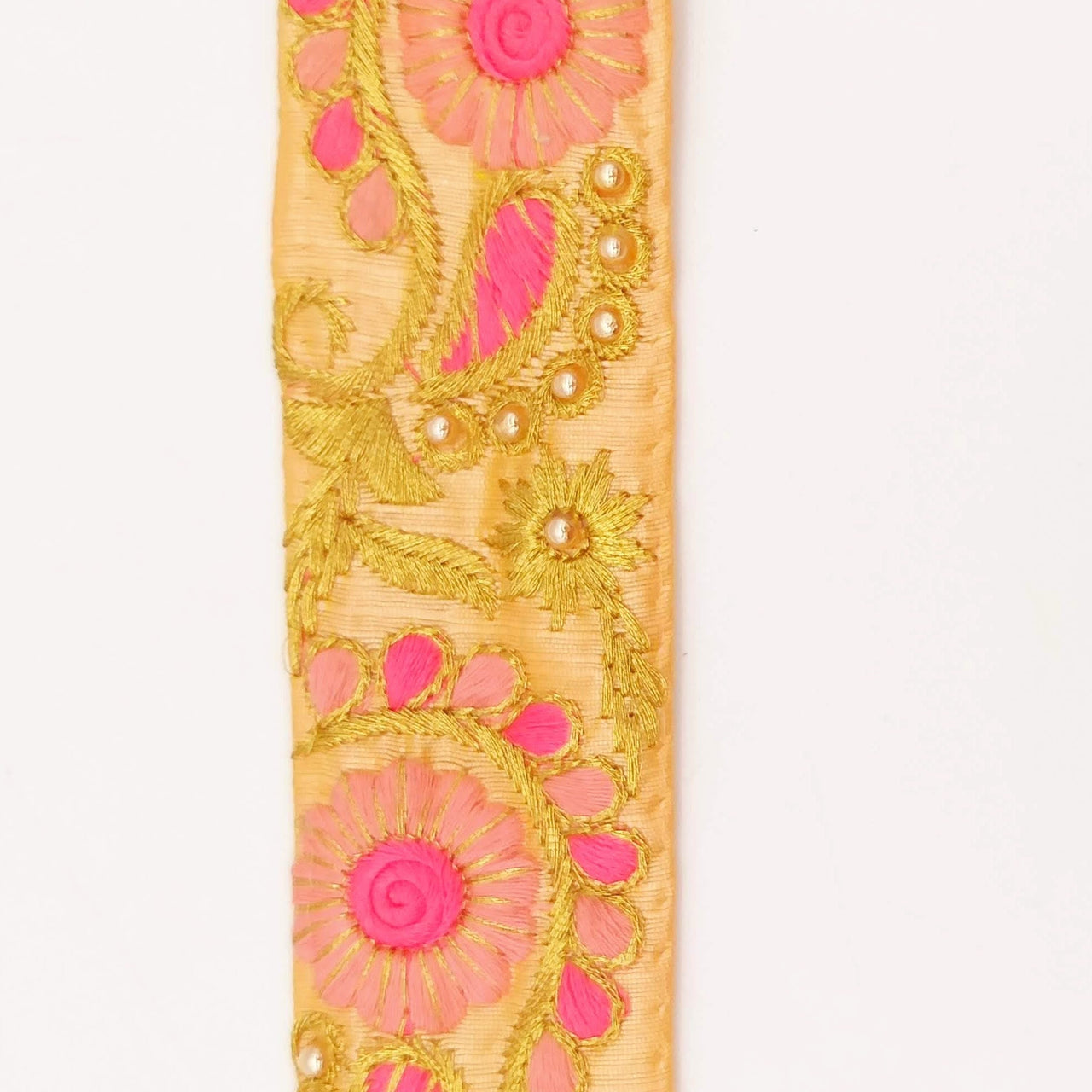 Peach Art Silk Lace Trim, Floral Embroidery in Pink, Fuchsia and Gold
