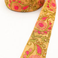 Thumbnail for Peach Art Silk Lace Trim, Floral Embroidery in Pink, Fuchsia and Gold