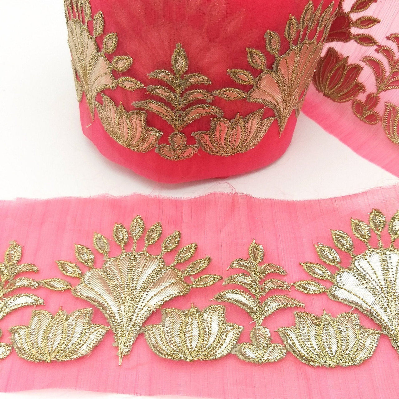 Pink Tissue Fabric Lace Trim with Gota Patti Embroidery, Foiled Embroidery in Silver, Sari Border Trim By Yard Decorative Trim Craft Lace