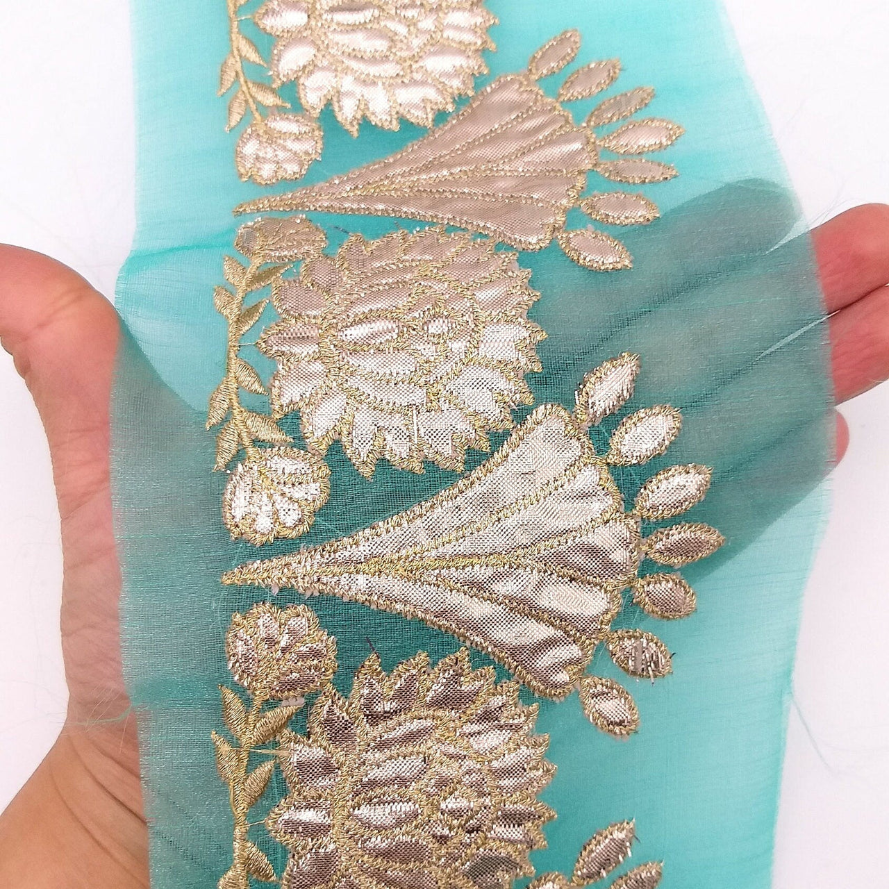 Blue Tissue Fabric Lace Trim with Gota Patti Embroidery, Foiled Embroidery in Silver, Sari Border Trim By Yard Decorative Trim Craft Lace