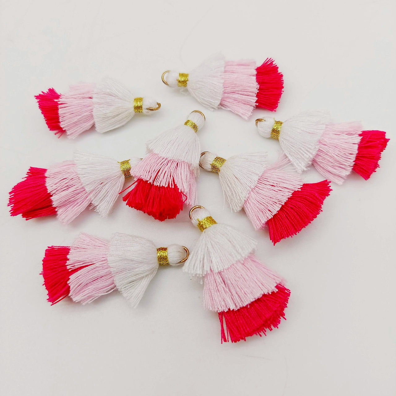 White,Pink and Cerise Pink Small Cotton Tassels in Three Layers With Gold Colour Brass Loop Ring, Tassel Charms x 5