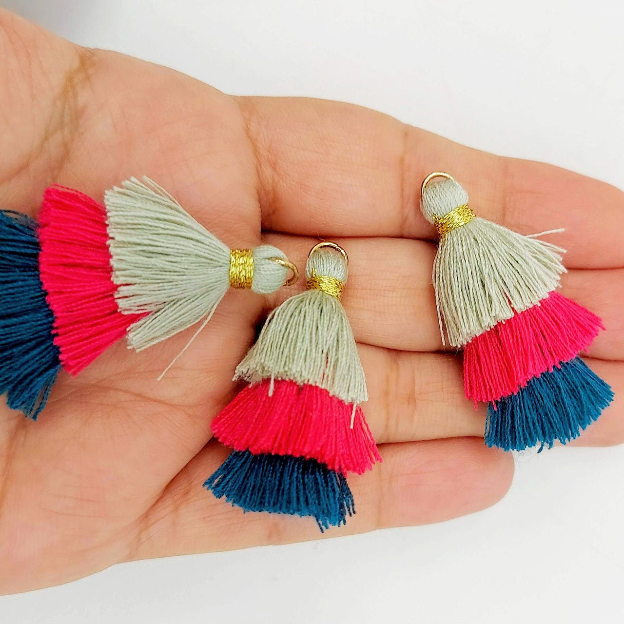 Grey,Pink and Blue Small Cotton Tassels in Three Layers With Gold Colour Brass Loop Ring, Tassel Charms x 5