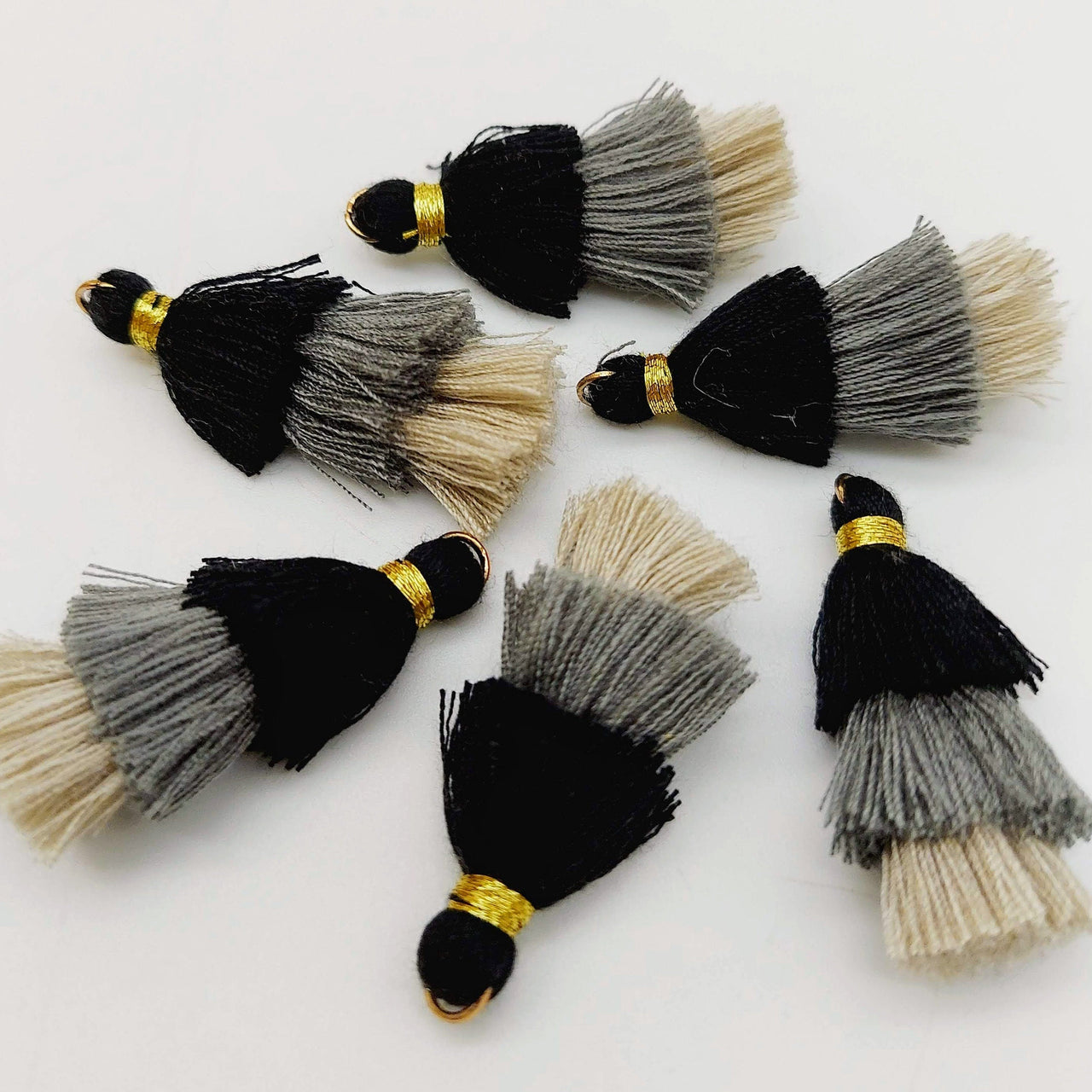 Black, Grey and Beige Small Cotton Tassels in Three Layers With Gold Colour Brass Loop Ring, Tassel Charms x 5