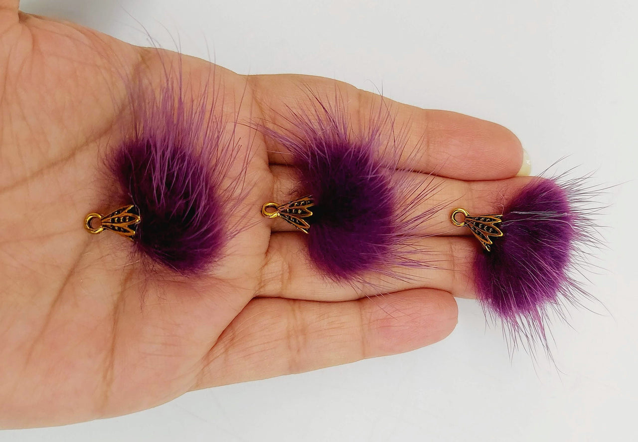Dark Violet Artificial Feather Fur Tassel With Brass Cap in Antique Gold Colour, Tassel Charms x 2