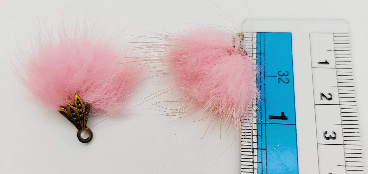 Pink Artificial Feather Fur Tassel With Brass Cap in Antique Gold Colour, Tassel Charms x 2