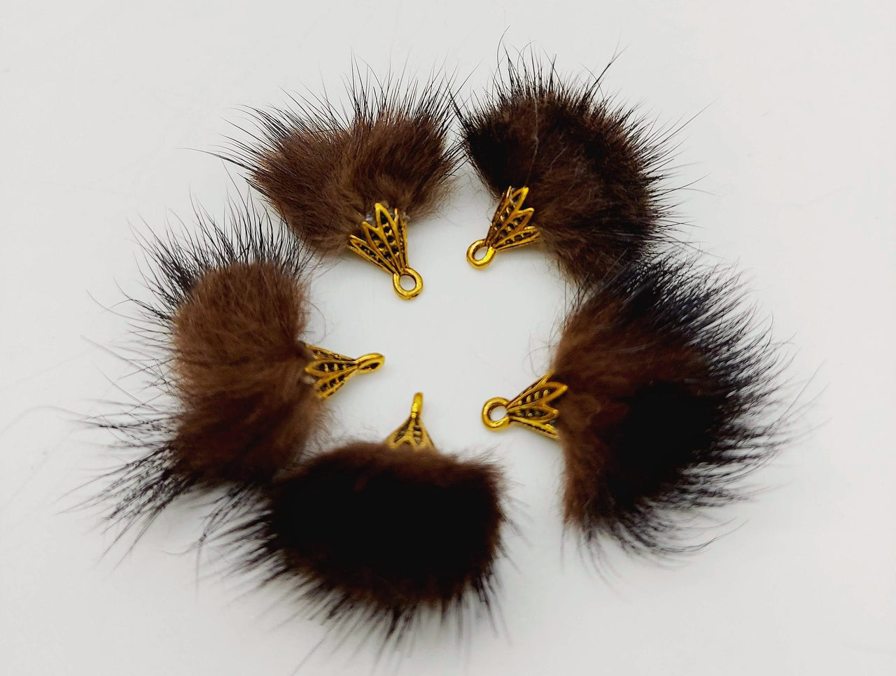 Brown Artificial Feather Fur Tassel With Brass Cap in Antique Gold Colour, Tassel Charms x 2