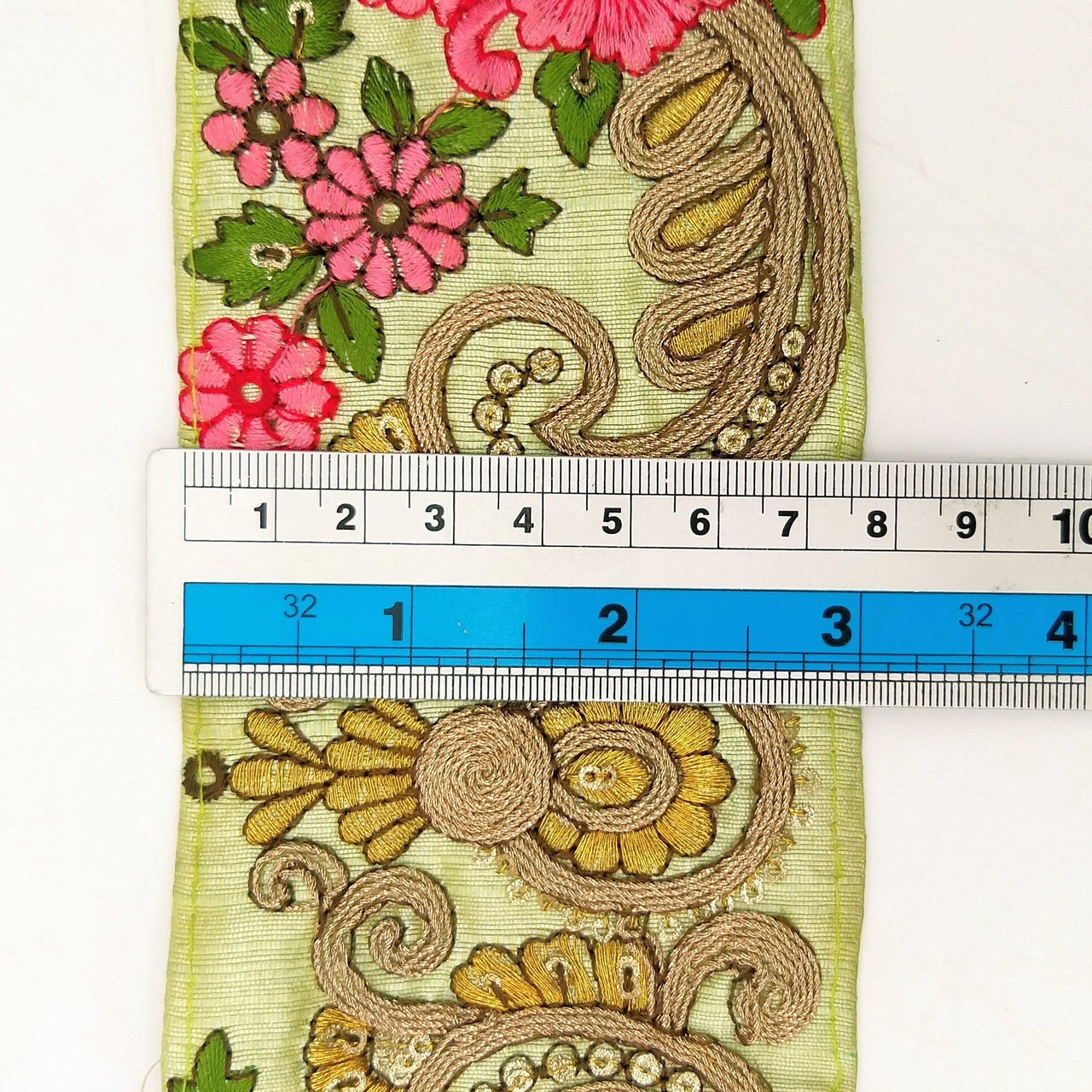 Sage Green Art Silk Fabric Trim With Pink, Green, Fuchsia Pink And Gold Floral Embroidery