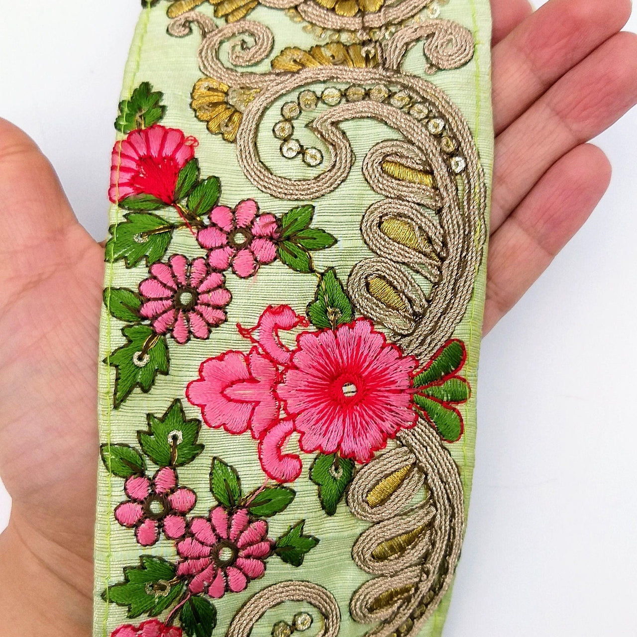 Sage Green Art Silk Fabric Trim With Pink, Green, Fuchsia Pink And Gold Floral Embroidery