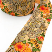Thumbnail for Peach Art Silk Fabric Trim With Orange, Green, Red And Gold Floral Embroidery