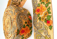 Thumbnail for Peach Art Silk Fabric Trim With Orange, Green, Red And Gold Floral Embroidery