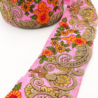 Thumbnail for Pink Art Silk Fabric Trim With Orange, Green, Red And Gold Floral Embroidery