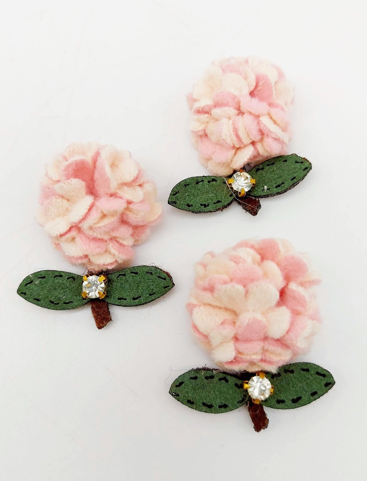 Pink and Green Floral Applique with Rhinestone, Flower Motifs x 2