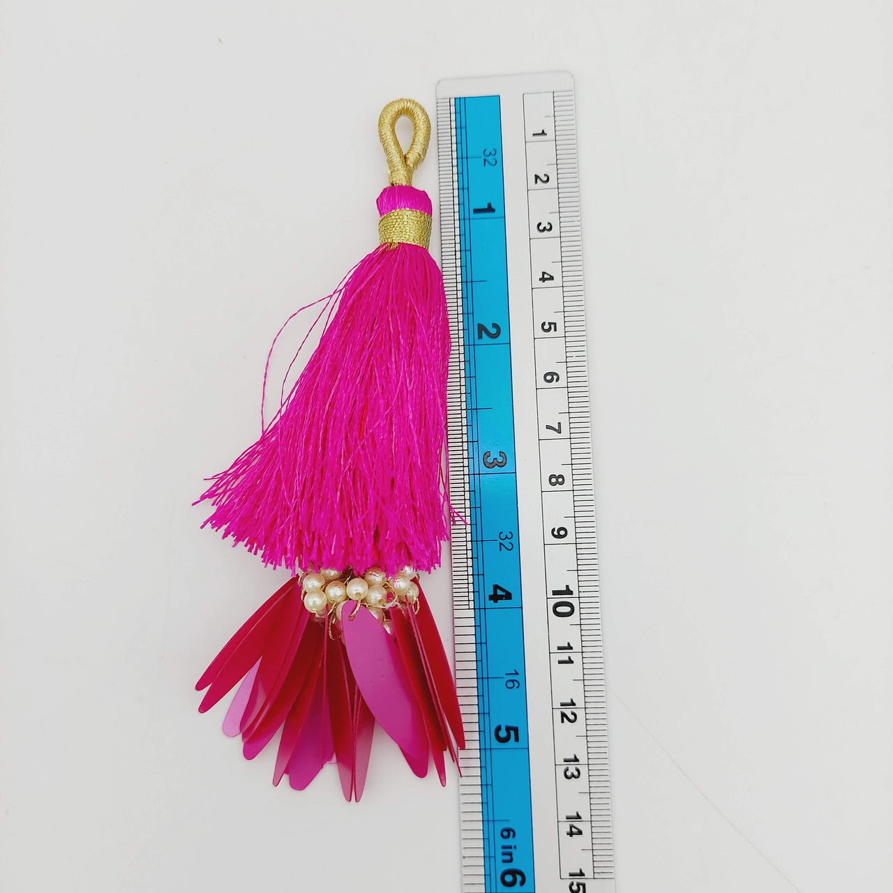 Fuchsia Pink Tassels With Long Sequins And Seed Pearl Beads, Beaded Thread Tassel Charms, 2 Pcs