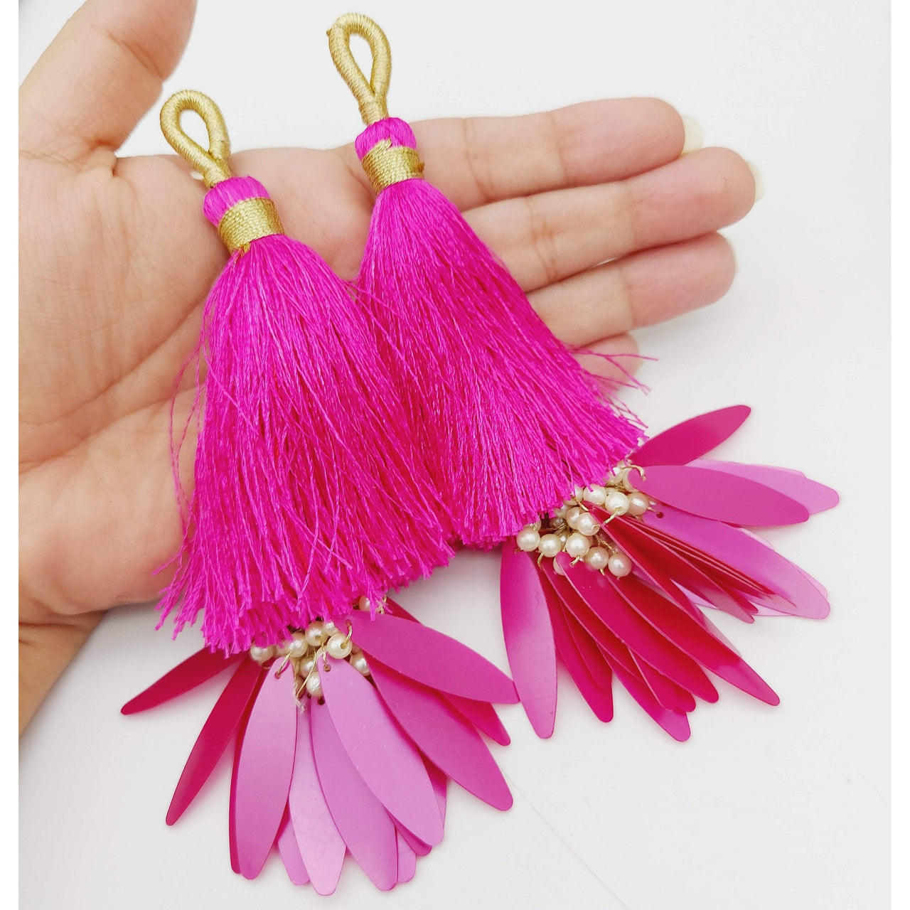 Fuchsia Pink Tassels With Long Sequins And Seed Pearl Beads, Beaded Thread Tassel Charms, 2 Pcs