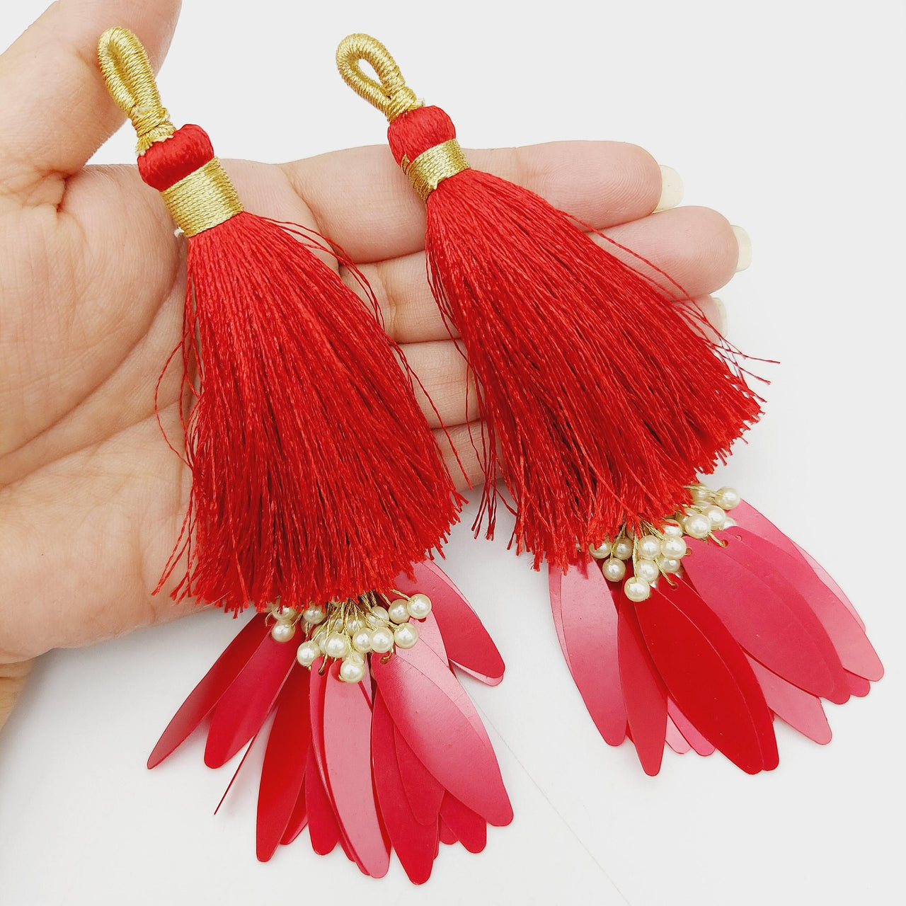 Red Tassels With Long Sequins And Seed Pearl Beads, Beaded Thread Tassel Charms, 2 Pcs