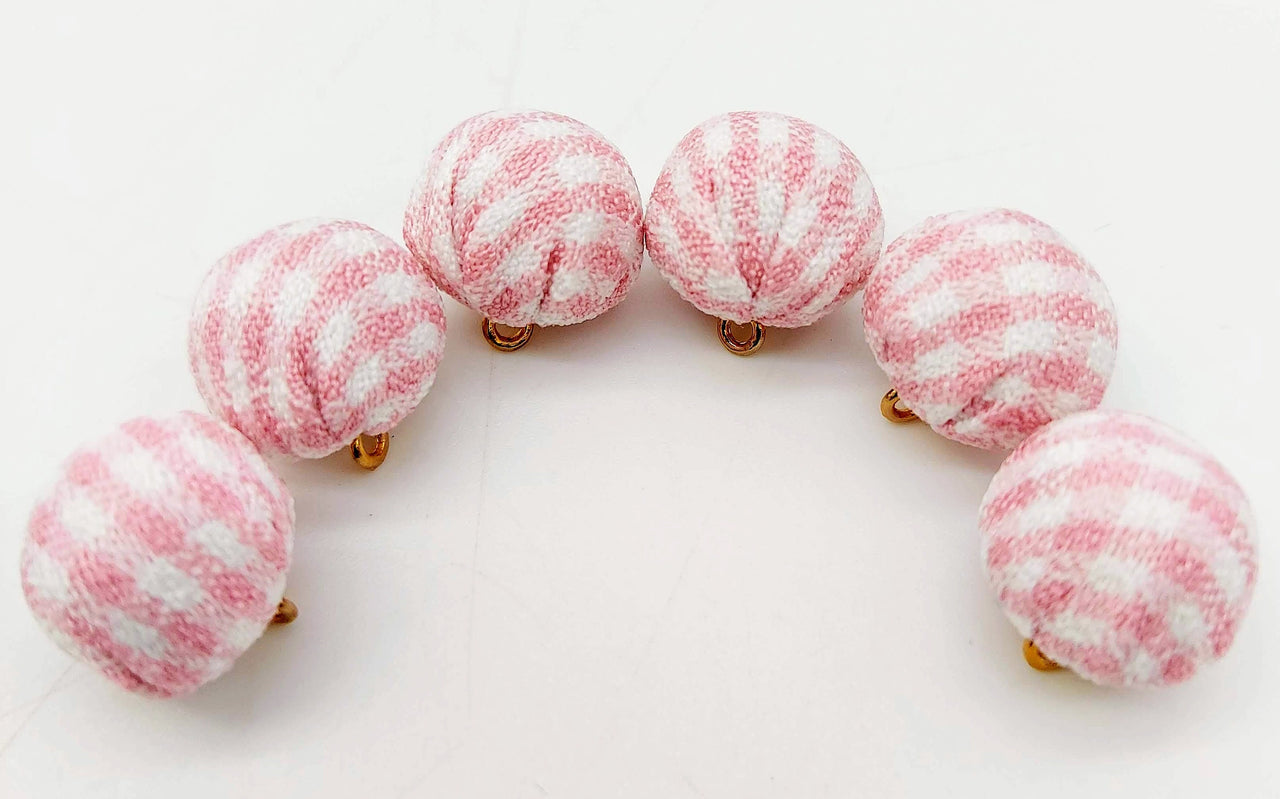 Pink and White Checkered Cotton Small Fabric Balls Tassel, Button with Ring Cap, Decorative Tassels