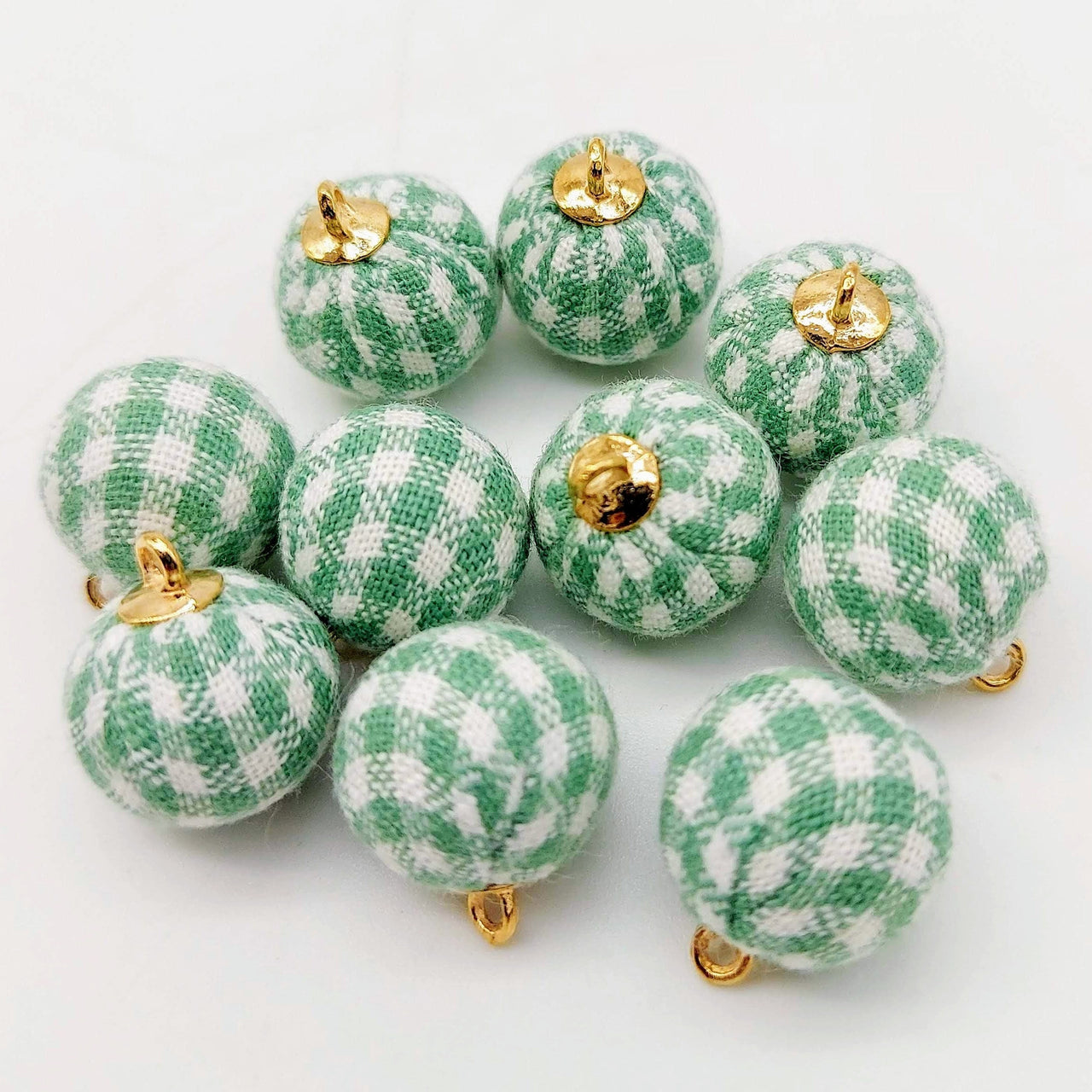 Green and White Checkered Cotton Small Fabric Balls Tassel, Button with Ring Cap, Decorative Tassels