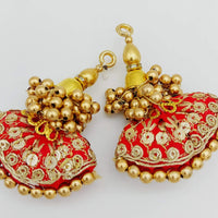 Thumbnail for Red and Gold Embroidered Silk Fabric Tassels with Gold Beads, Handmade Beaded And Sequins Latkan, 1 Pair