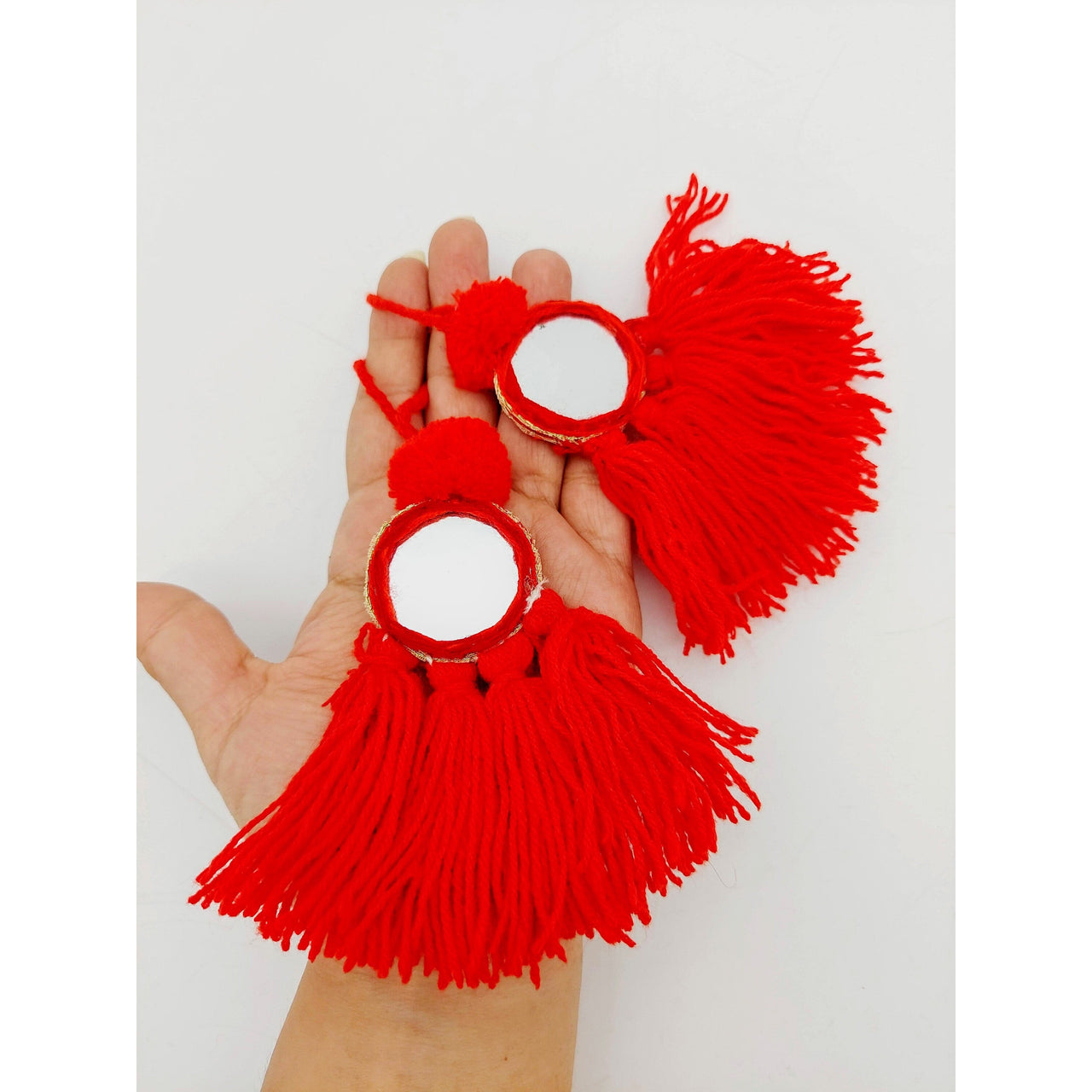 Mirrored Red Wool Tassels, Red Pompom Mirror Tassel, Handmade Latkan Boho