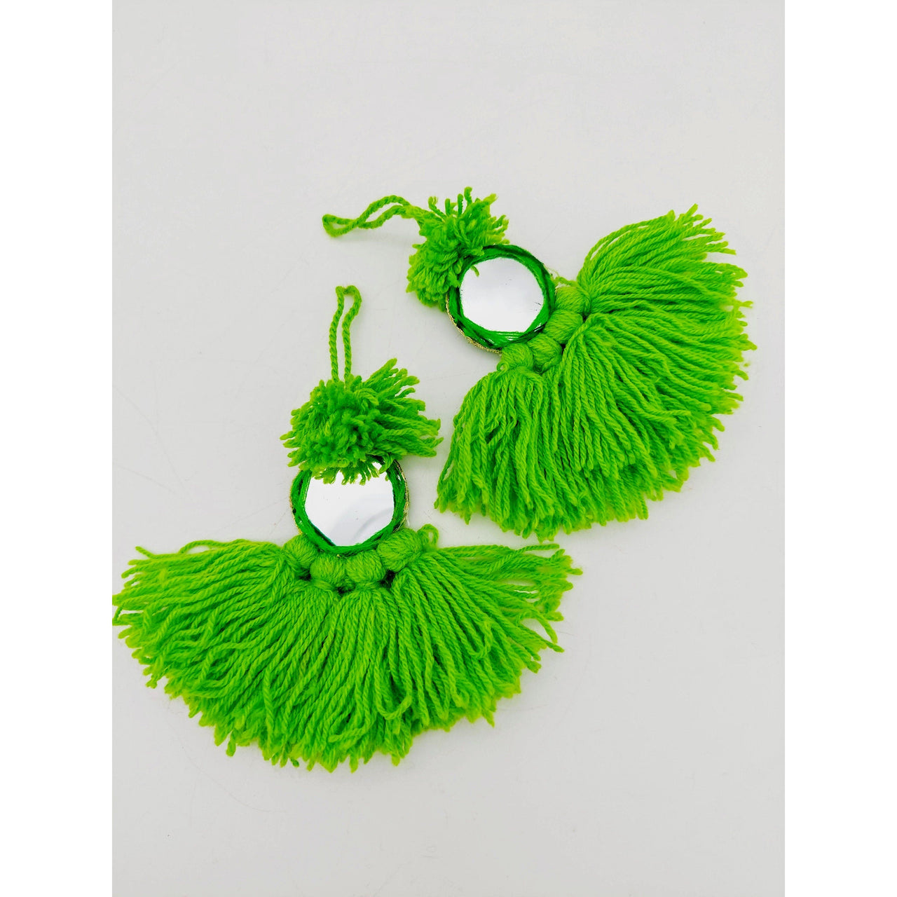 Mirrored Green Wool Tassels, Green Pompom Mirror Tassel, Handmade Latkan Boho