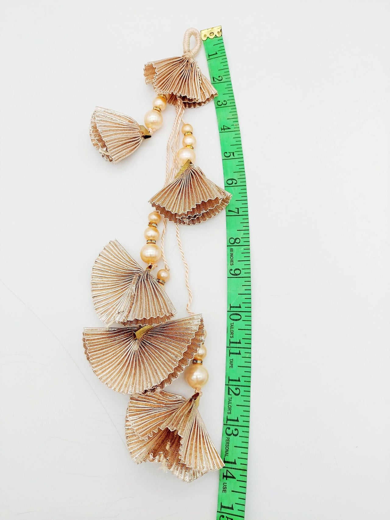 Tissue Fabric Copper Tone Crumple Pleated Handmade Tassel with Pearls, 1 Piece