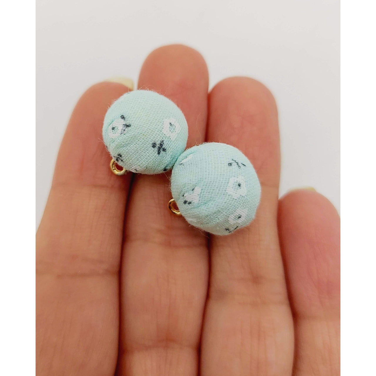 Aqua Blue Floral Printed Cotton Fabric Ball Tassel, Button with Ring Cap, Decorative Tassels