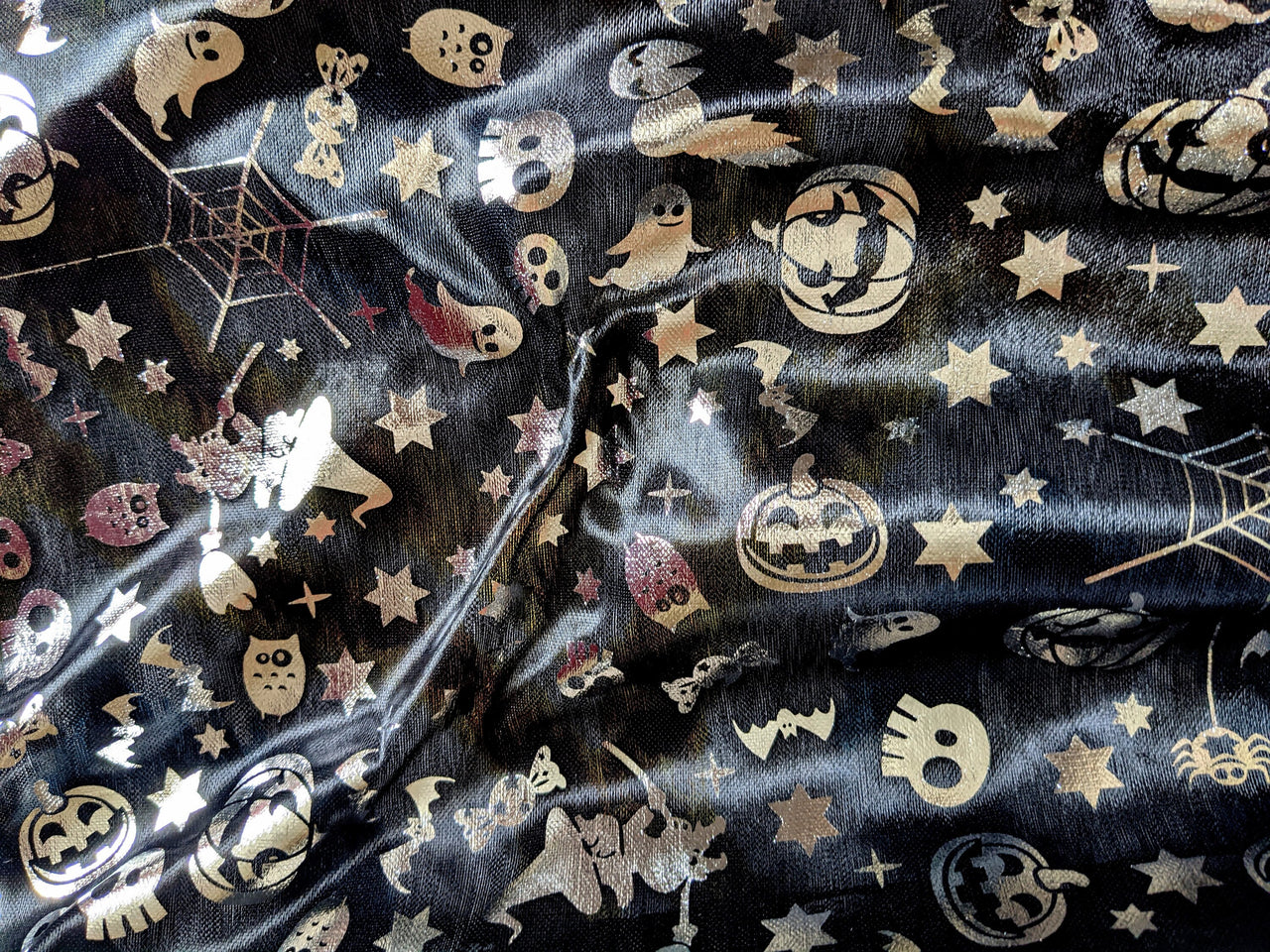 Black And Silver Halloween Pumpkin, Witch, Bats Foil Fabric