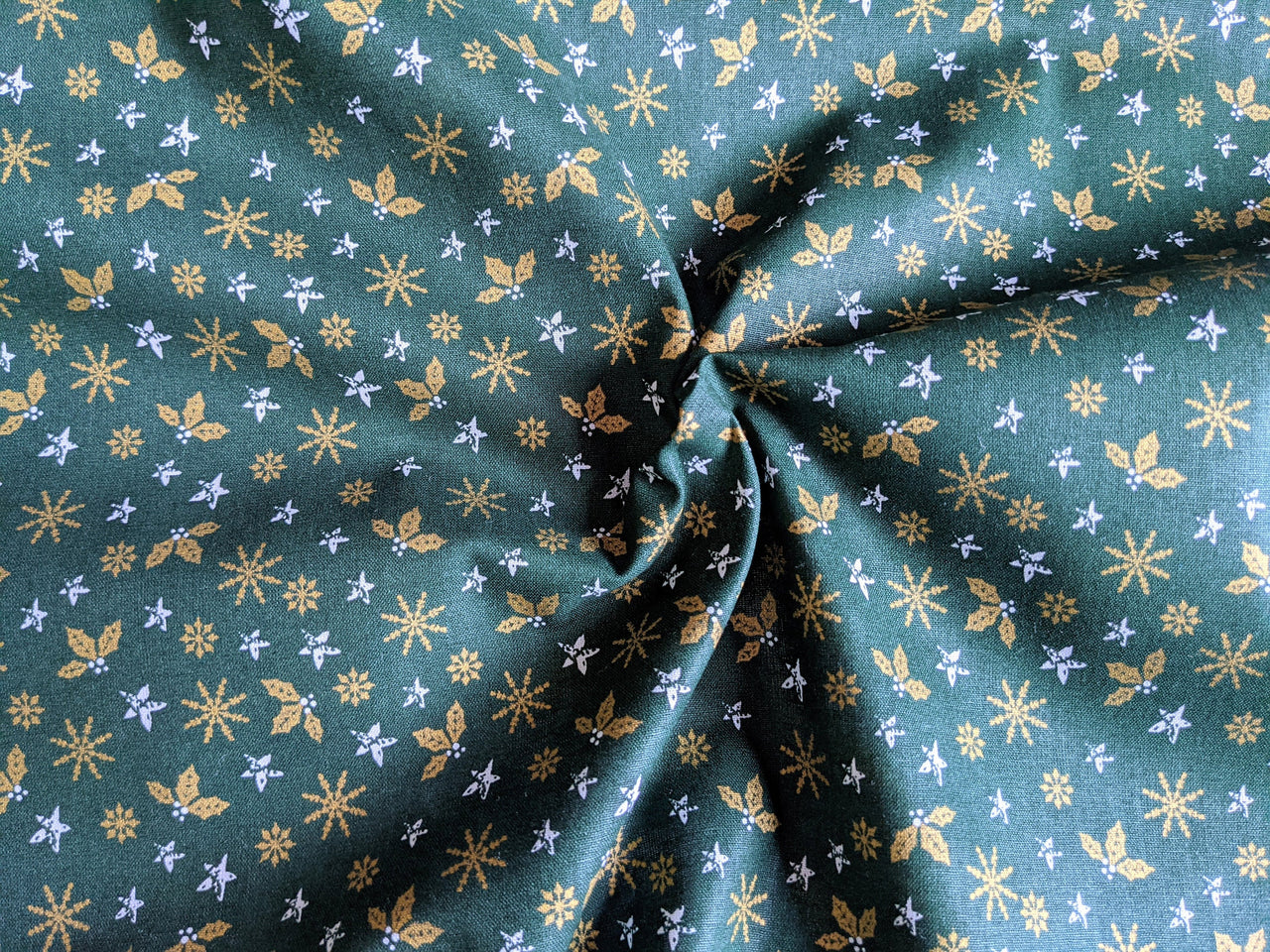 Green Cotton Holly Leaves Snowflakes Christmas Fabric, Festive Fabric, Holiday Fabric