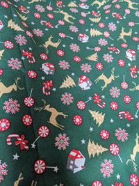 Thumbnail for Bottle Green Christmas Trees Snowflakes Candy Cane and Reindeers 100% Cotton Christmas Fabric, Festive Fabric, Holiday Fabric