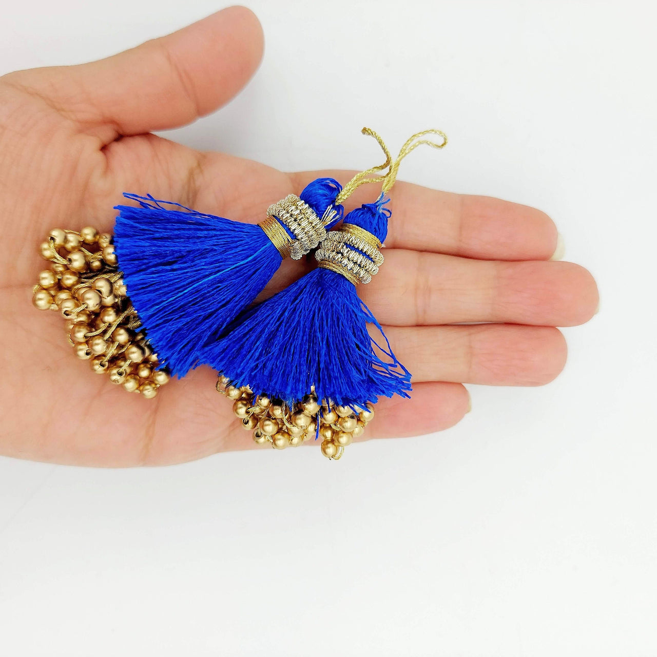 Royal Blue Tassels With Gold Beads, Beaded Thread Tassel Charms, Silky Tassels