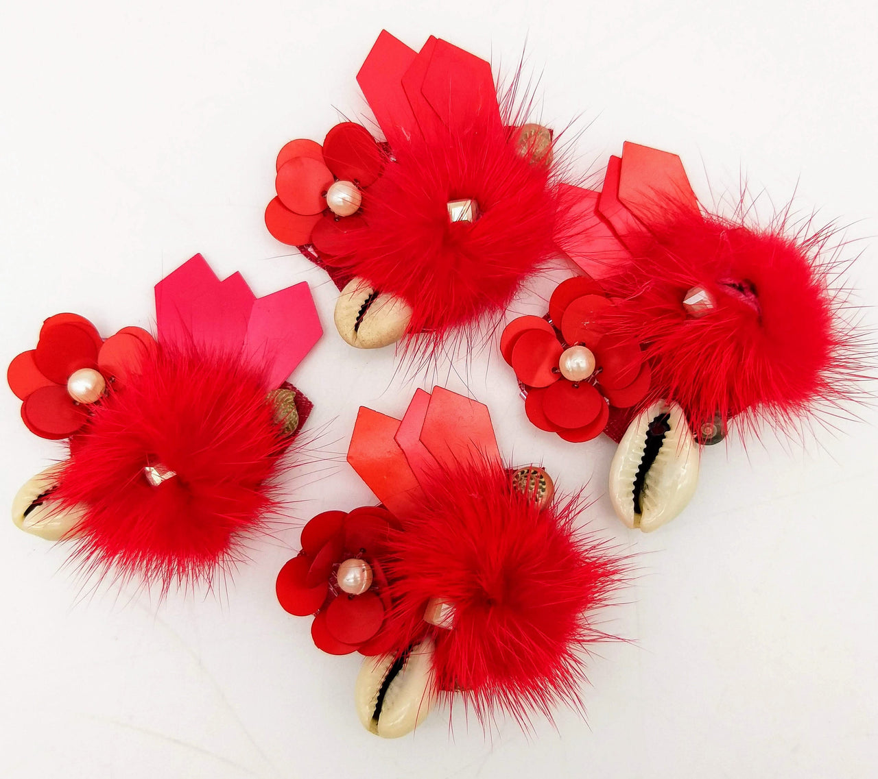 Hand Embroidered Red Applique With Cowrie Shell, Sequins,Pearl and Feather Pom Pom