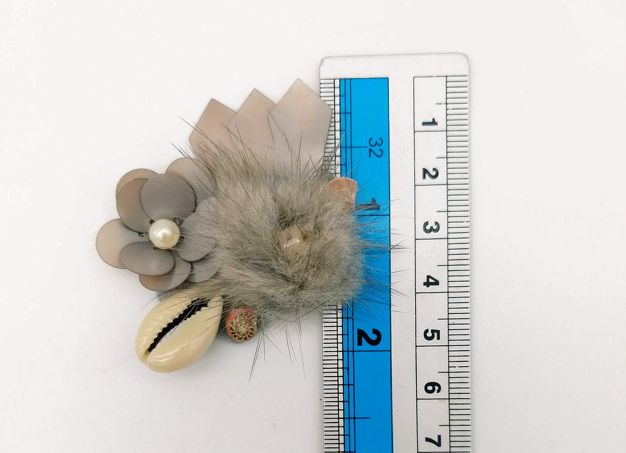 Hand Embroidered Grey Applique With Cowrie Shell, Sequins,Pearl and Feather Pom Pom