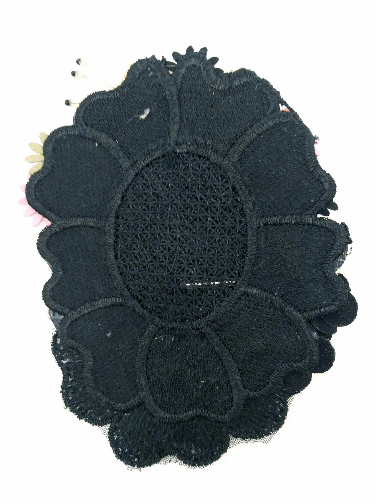 Black Hand Embroidered Floral Applique With Beads, Rhinestones,Bugle Beads