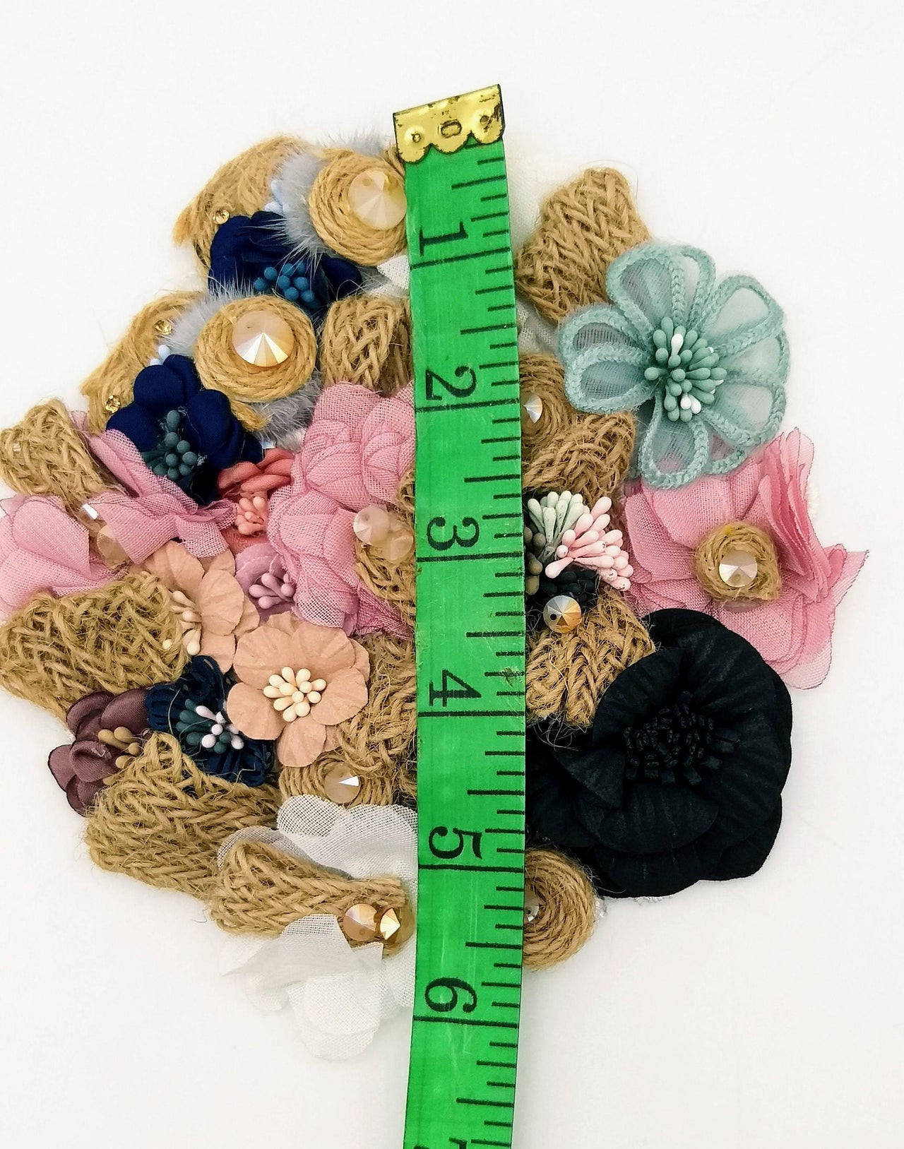 Handcrafted Jute Floral Applique in Pink, Black, Navy Blue and Teal Blue