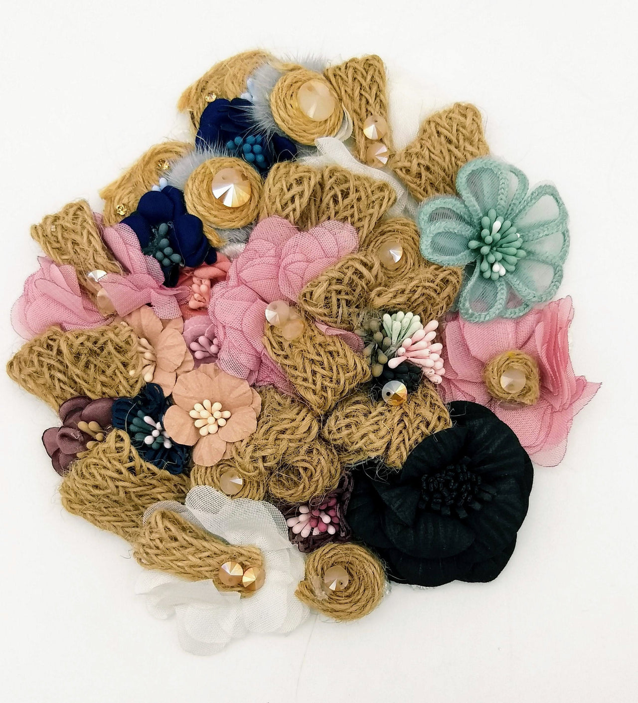 Handcrafted Jute Floral Applique in Pink, Black, Navy Blue and Teal Blue