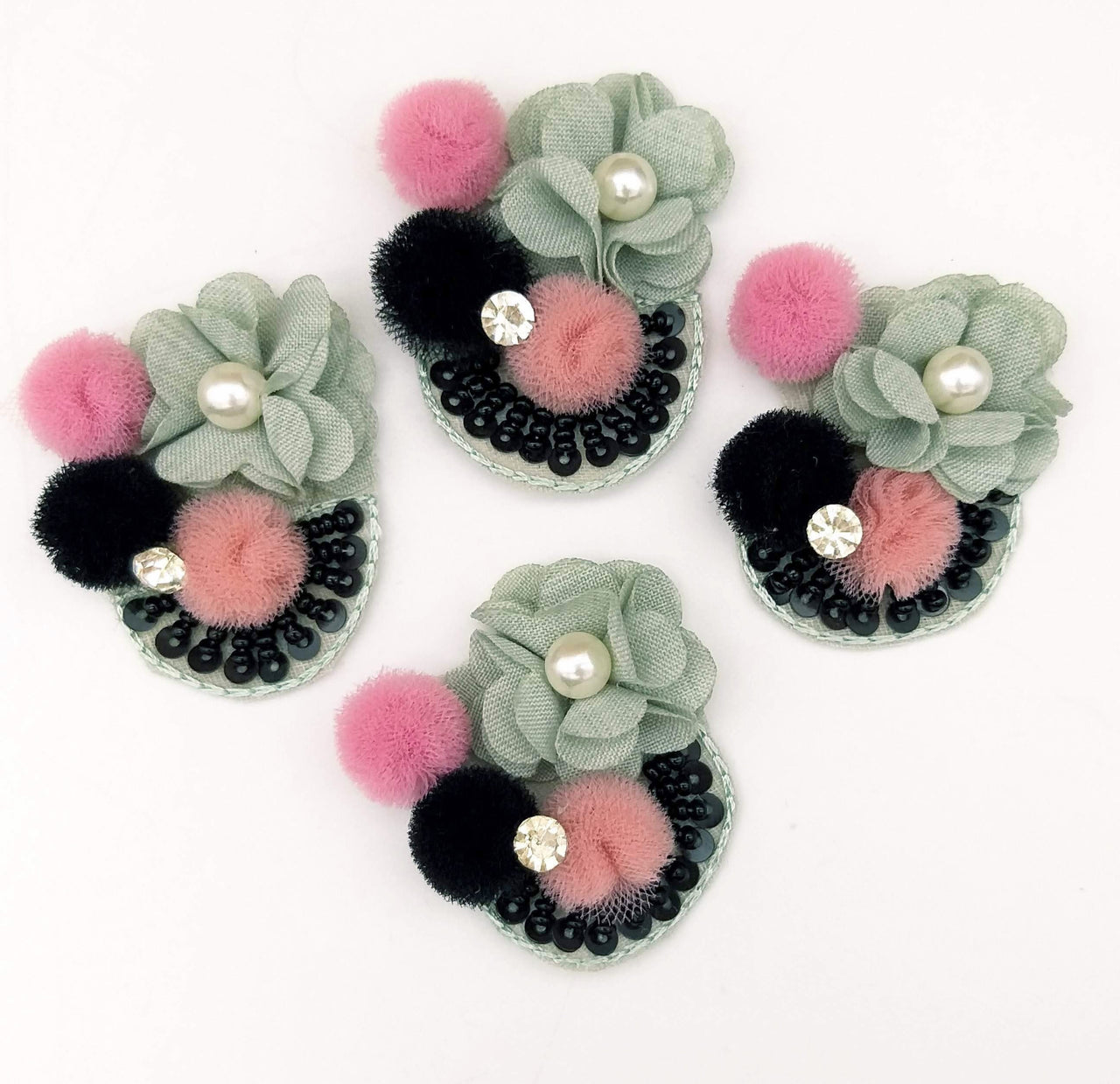 Hand Embroidered Grey, Pink And Black Floral Applique, 2 Pcs