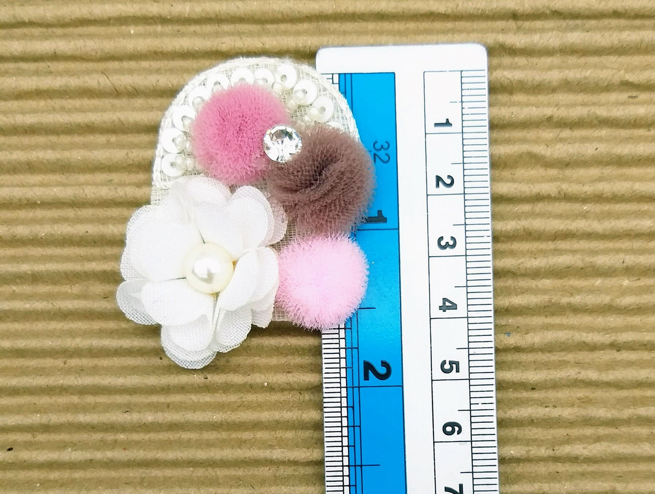 Hand Embroidered White, Pink And Brown Floral Applique, 2 Pcs