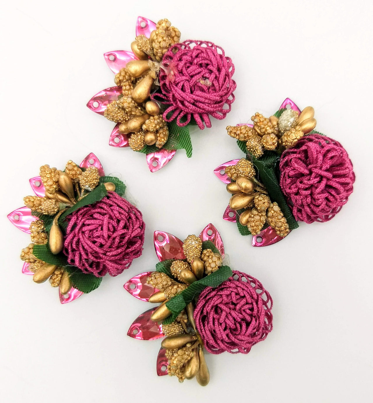 Handmade Dark Pink Floral Applique with Beads, Flower Motifs x 3