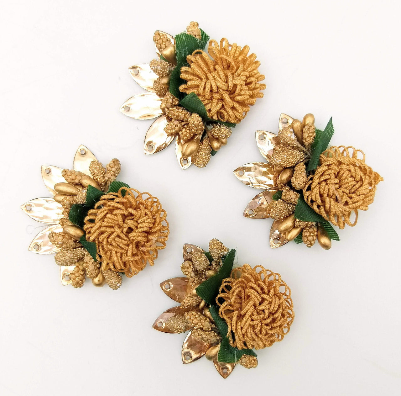 Handmade Brown Floral Applique with Beads, Flower Motifs x 2
