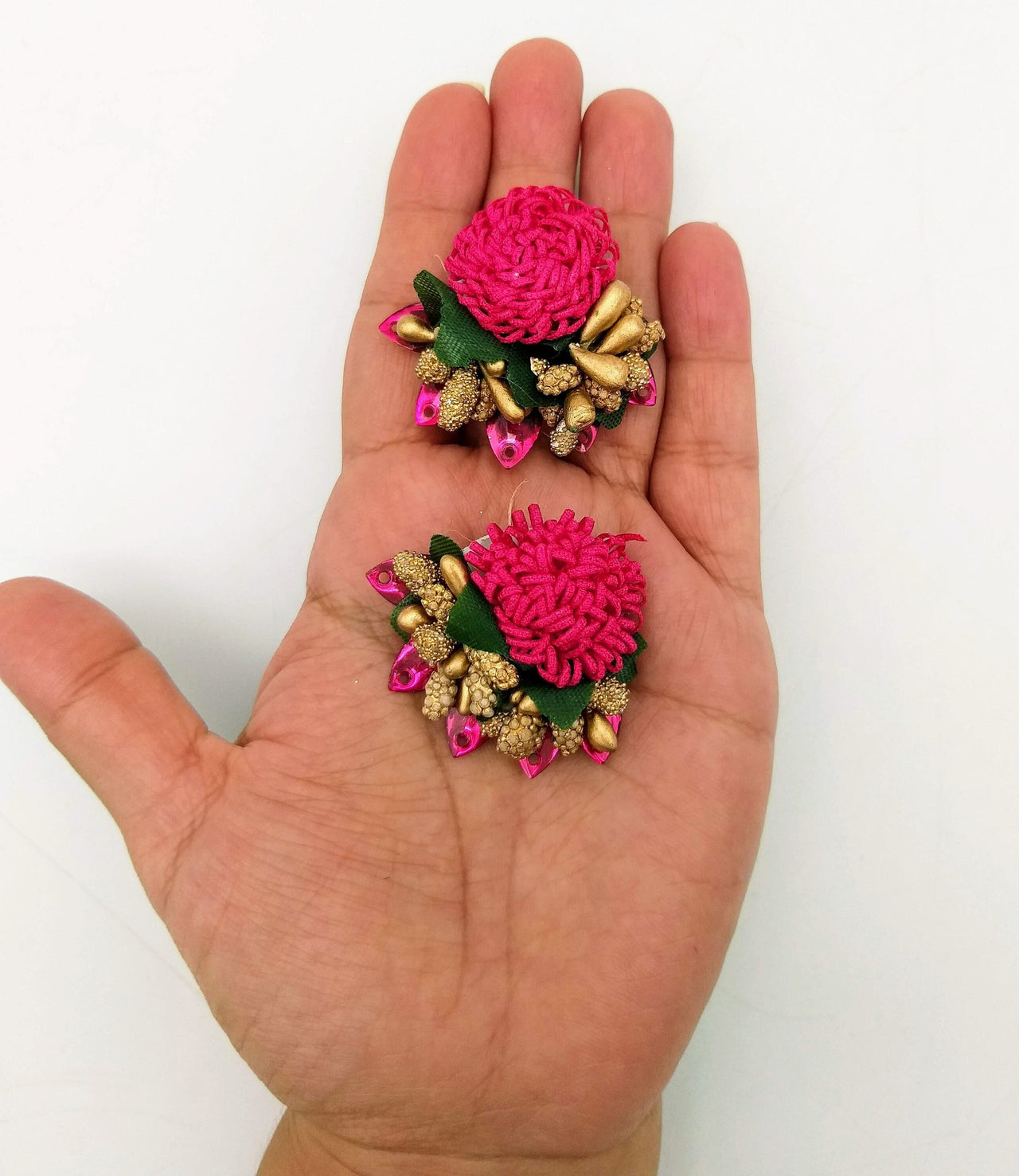Handmade Fuchsia Pink Floral Applique with Beads, Flower Motifs x 3