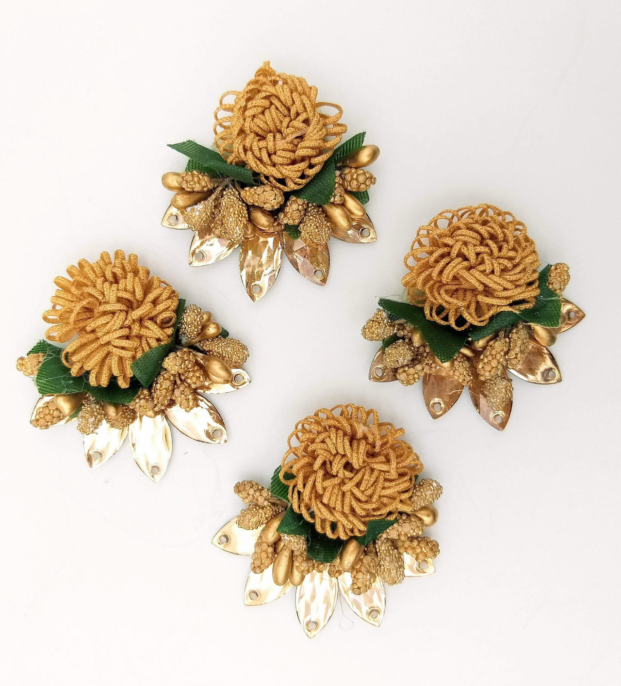 Handmade Brown Floral Applique with Beads, Flower Motifs x 2