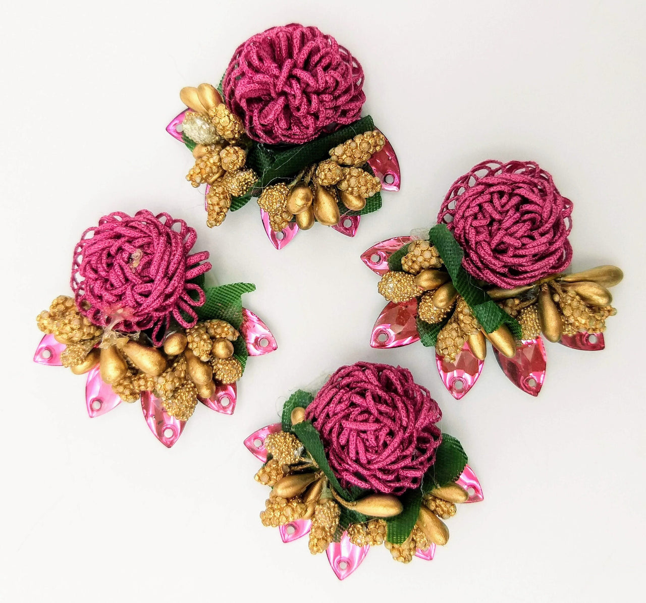 Handmade Dark Pink Floral Applique with Beads, Flower Motifs x 3