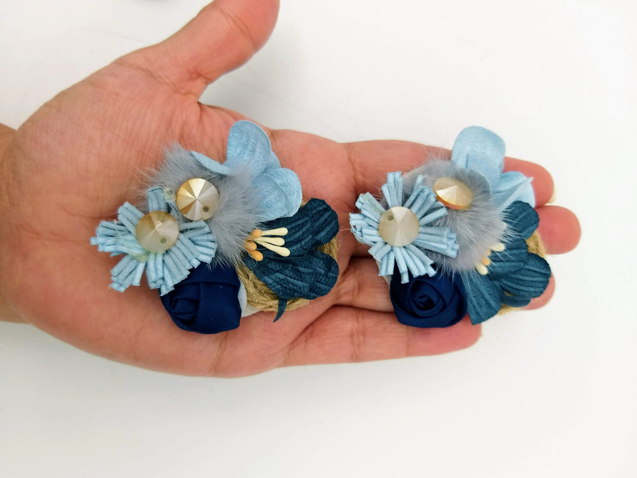 Hand Embroidered Blue Floral Applique With Feather Pom Poms and Stones, 2 Pcs