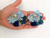Thumbnail for Hand Embroidered Blue Floral Applique With Feather Pom Poms and Stones, 2 Pcs