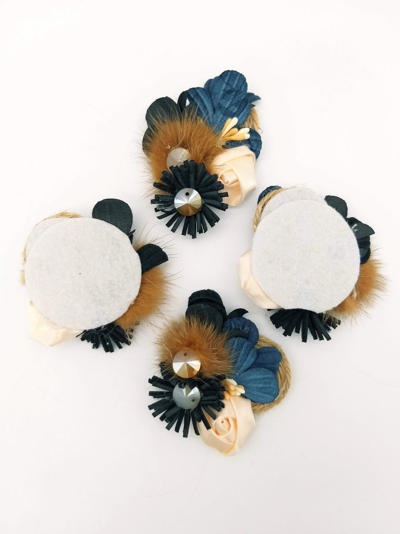 Hand Embroidered Blue and Brown Floral Applique With Feather Pom Poms and Stones, 2 Pcs