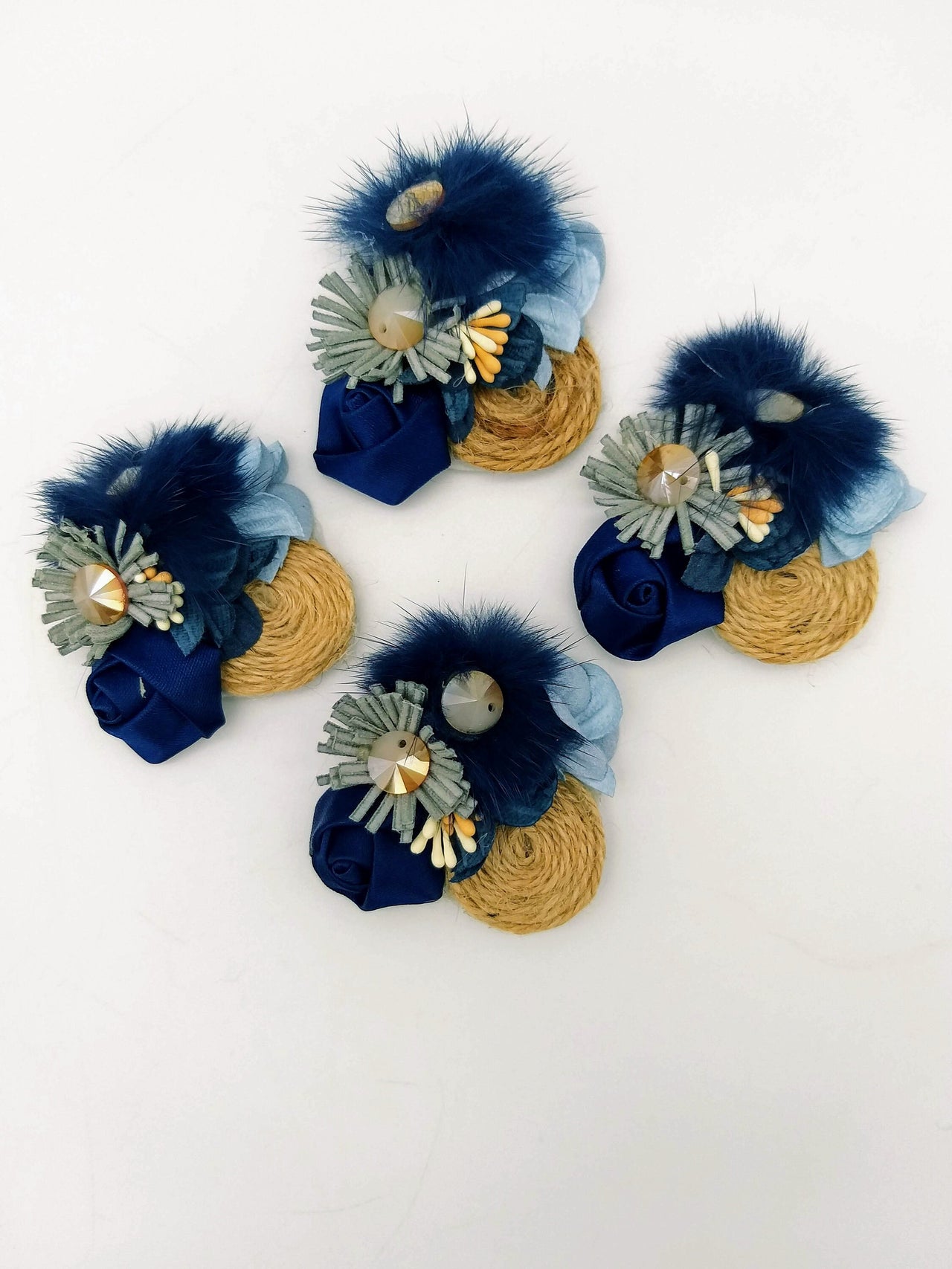 Hand Embroidered Navy Blue Floral Applique With Feather Pom Poms and Stones, 2 Pcs