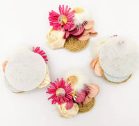 Thumbnail for Hand Embroidered Pink and Beige Floral Applique With Feather Pom Poms and Stones, 2 Pcs
