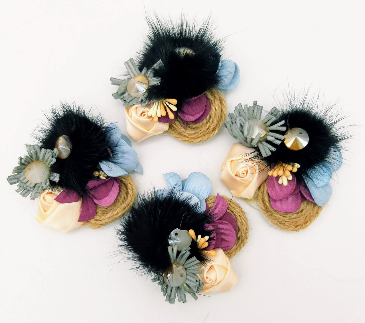Hand Embroidered Black and Beige Floral Applique With Feather Pom Poms and Stones, 2 Pcs